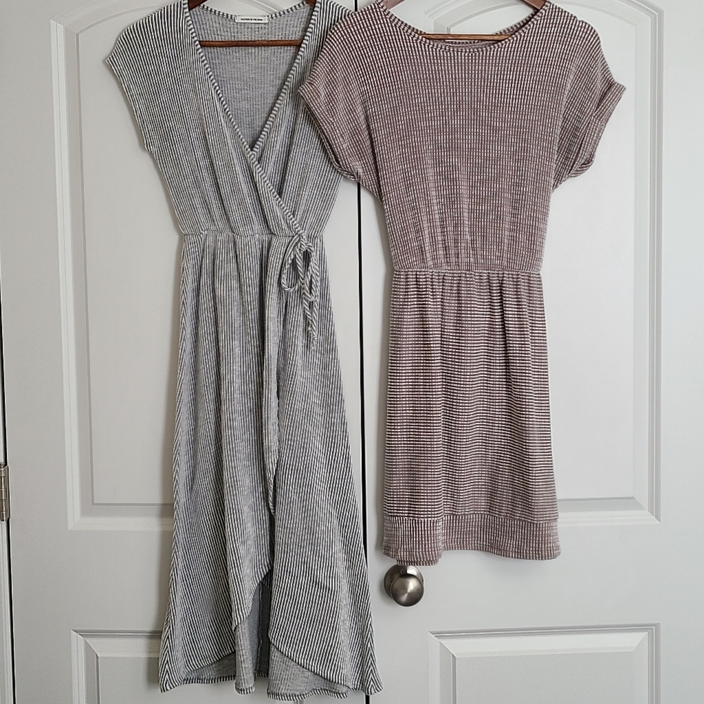 Caution To The Wind Striped Mini Dresses in Gray and Mauve